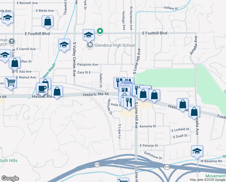 map of restaurants, bars, coffee shops, grocery stores, and more near 1749 East Route 66 in Glendora
