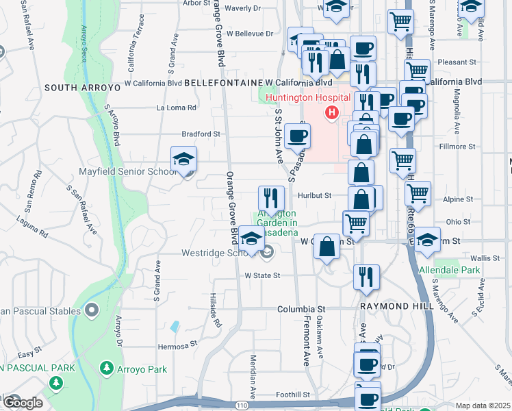map of restaurants, bars, coffee shops, grocery stores, and more near 282 Wigmore Drive in Pasadena