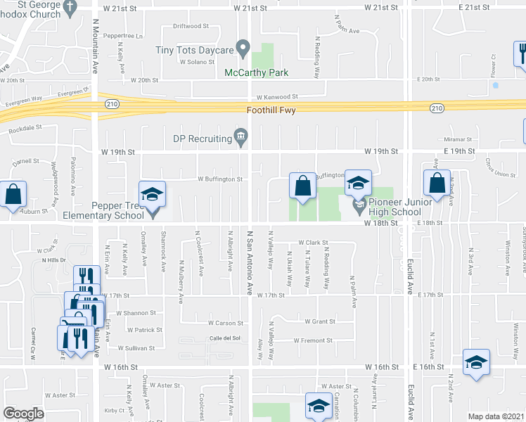 map of restaurants, bars, coffee shops, grocery stores, and more near 1817 North Vallejo Way in Upland