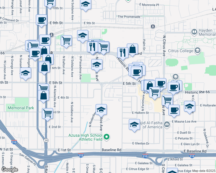 map of restaurants, bars, coffee shops, grocery stores, and more near 630 East 5th Street in Azusa