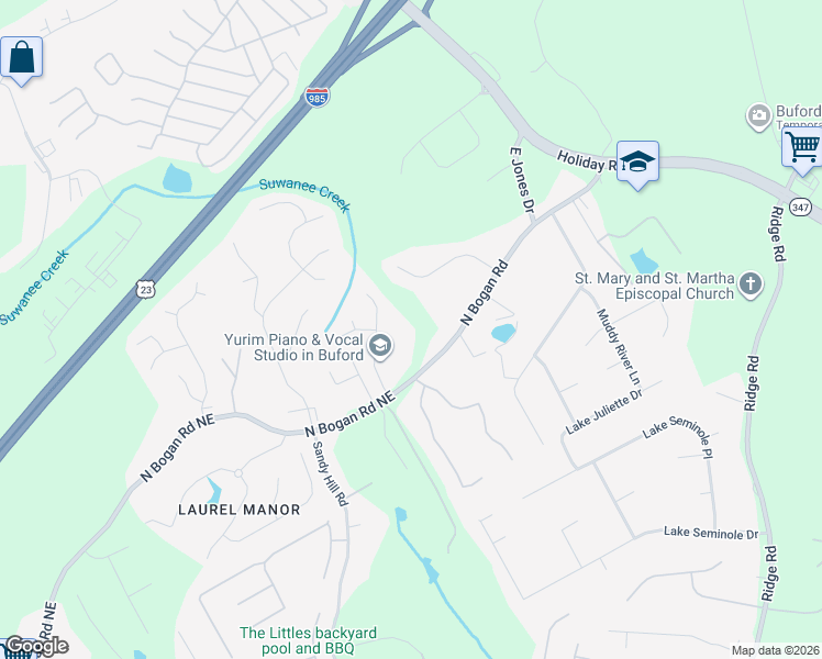 map of restaurants, bars, coffee shops, grocery stores, and more near 3516 North Bogan Road in Buford