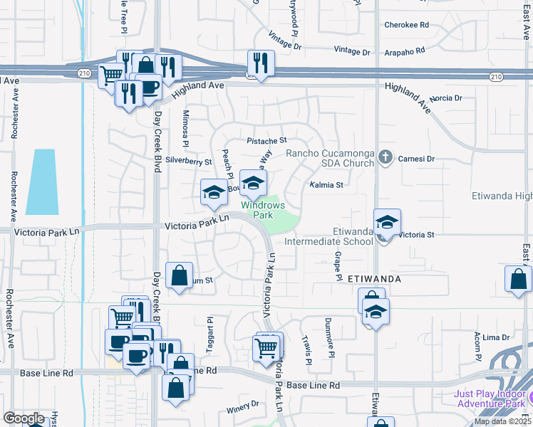 map of restaurants, bars, coffee shops, grocery stores, and more near 6849 Victoria Park Lane in Rancho Cucamonga