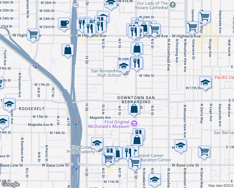 map of restaurants, bars, coffee shops, grocery stores, and more near 619 West 17th Street in San Bernardino