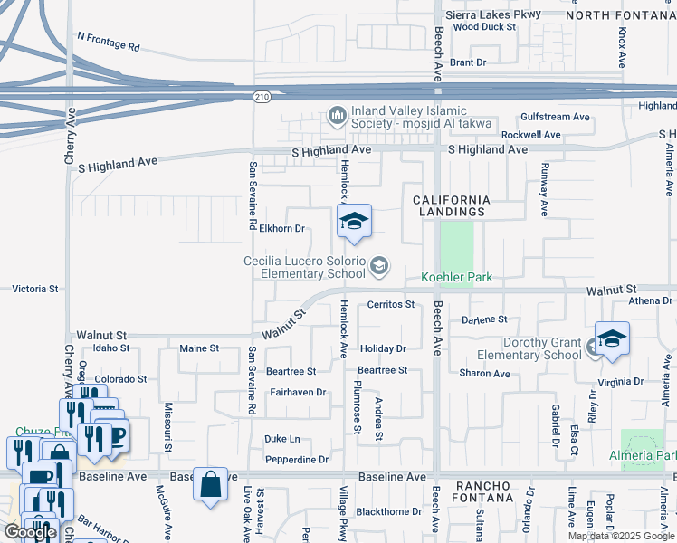 map of restaurants, bars, coffee shops, grocery stores, and more near 6861 Regal Park Drive in Fontana