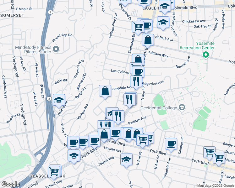 map of restaurants, bars, coffee shops, grocery stores, and more near 4609 Ellenwood Drive in Los Angeles