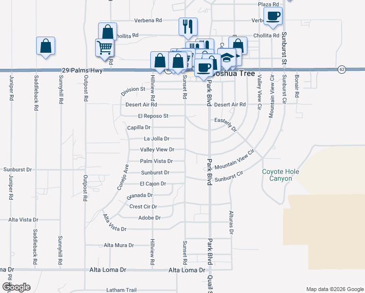 map of restaurants, bars, coffee shops, grocery stores, and more near 6800 Sunset Road in Joshua Tree