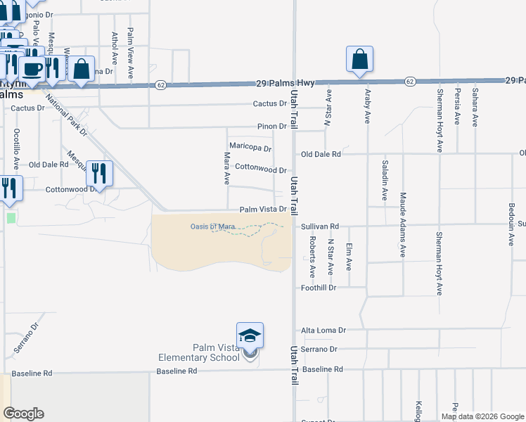 map of restaurants, bars, coffee shops, grocery stores, and more near 74414 Palm Vista Drive in Twentynine Palms