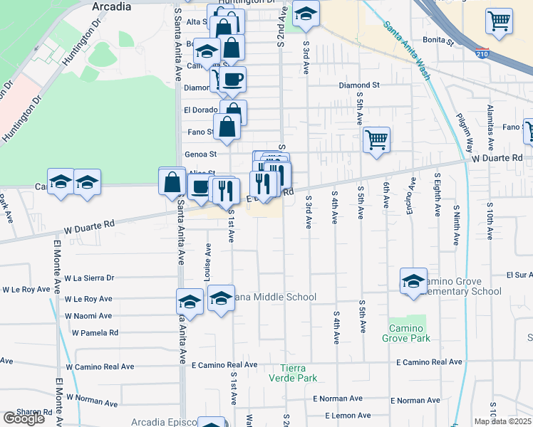 map of restaurants, bars, coffee shops, grocery stores, and more near 151 Greenfield Place in Arcadia