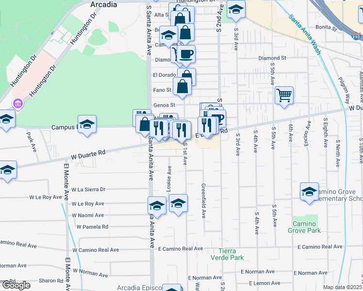 map of restaurants, bars, coffee shops, grocery stores, and more near 56 East Duarte Road in Arcadia