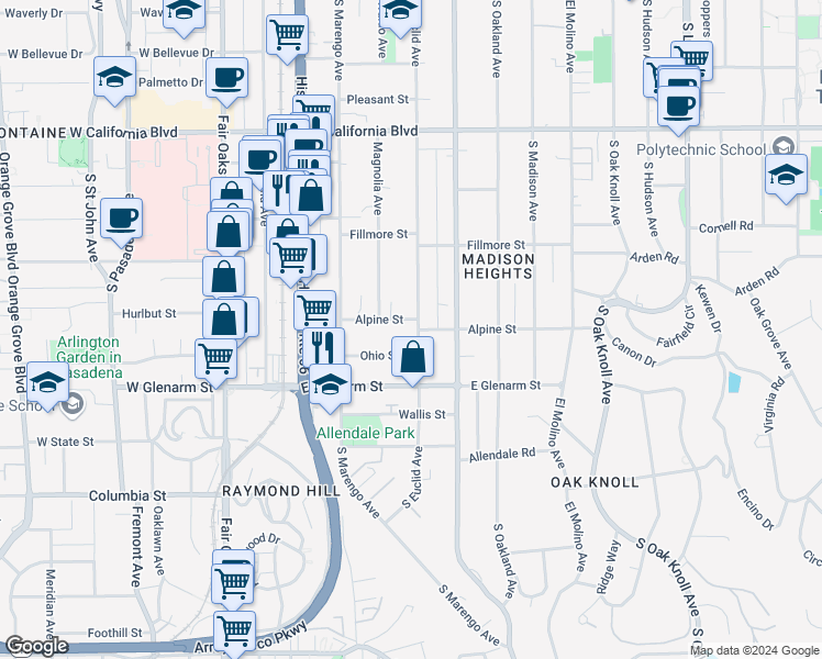 map of restaurants, bars, coffee shops, grocery stores, and more near 945 South Euclid Avenue in Pasadena