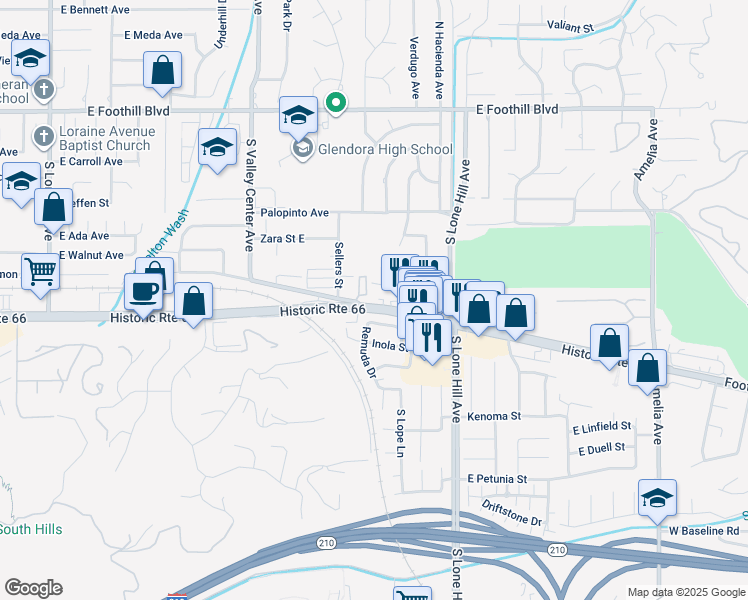 map of restaurants, bars, coffee shops, grocery stores, and more near 1751 East Route 66 in Glendora