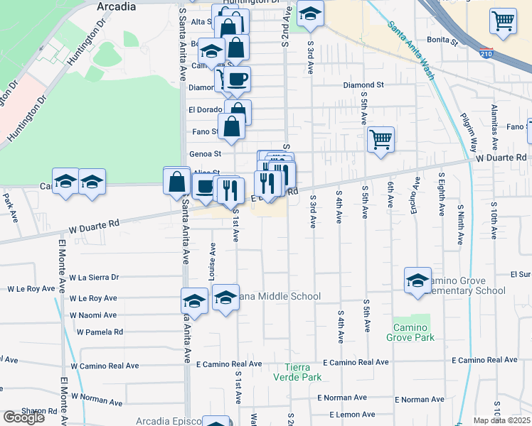 map of restaurants, bars, coffee shops, grocery stores, and more near 151 Greenfield Place in Arcadia