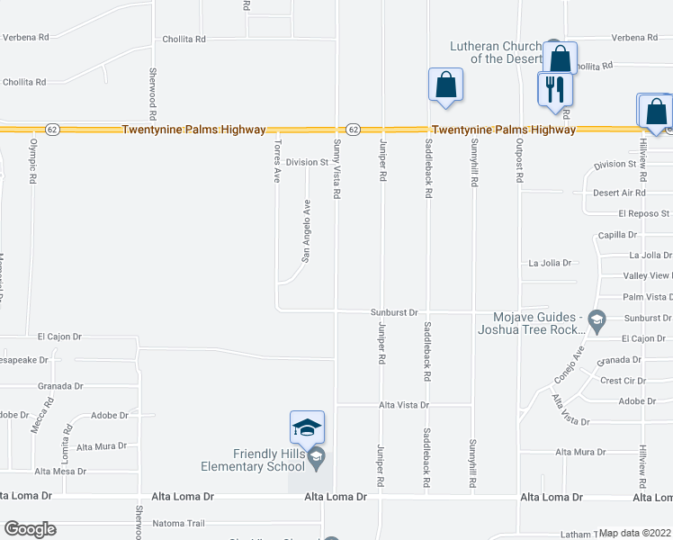 map of restaurants, bars, coffee shops, grocery stores, and more near Sunny Vista Road in Joshua Tree
