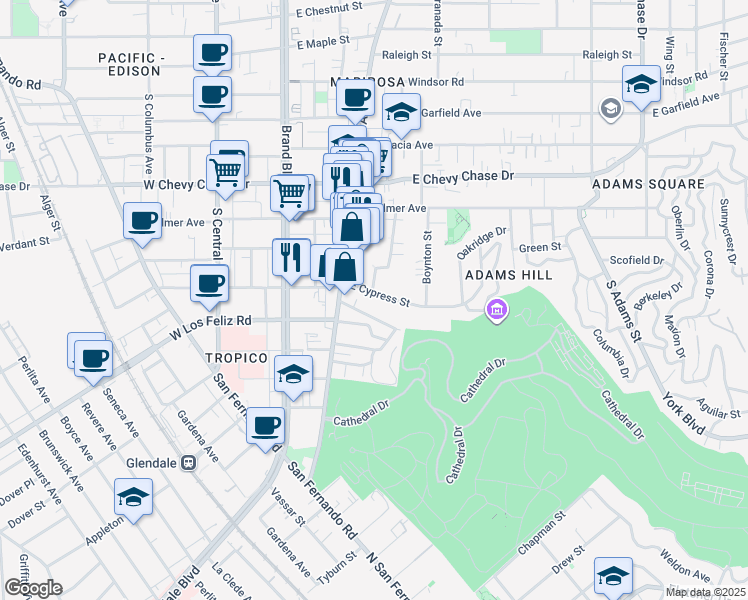 map of restaurants, bars, coffee shops, grocery stores, and more near 330 East Cypress Street in Glendale