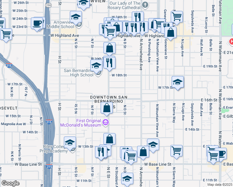 map of restaurants, bars, coffee shops, grocery stores, and more near 409 West 17th Street in San Bernardino