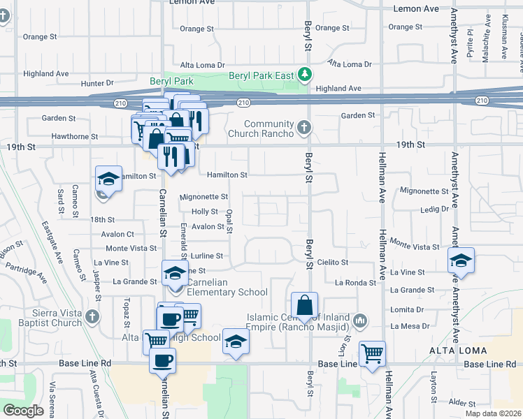 map of restaurants, bars, coffee shops, grocery stores, and more near 8939 Sage Court in Rancho Cucamonga
