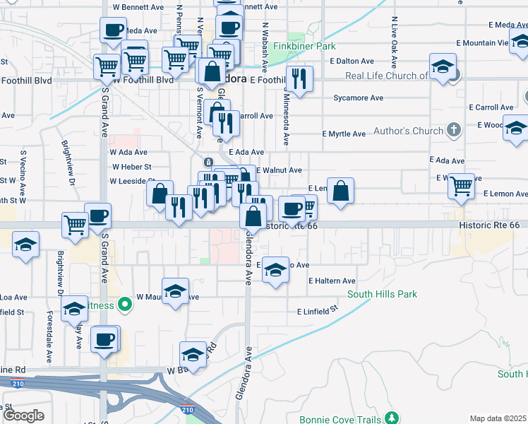 map of restaurants, bars, coffee shops, grocery stores, and more near 121 East Route 66 in Glendora