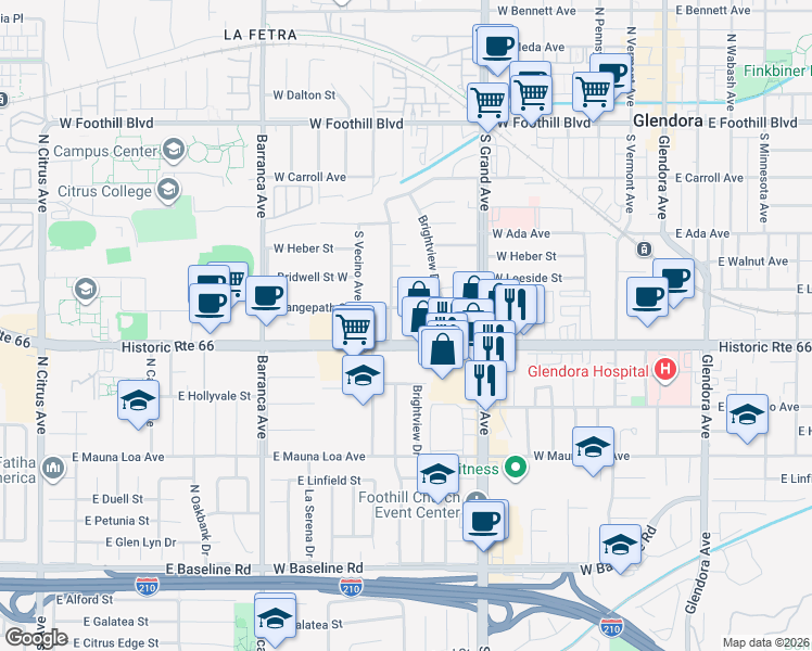 map of restaurants, bars, coffee shops, grocery stores, and more near 530 Forestdale Avenue in Glendora
