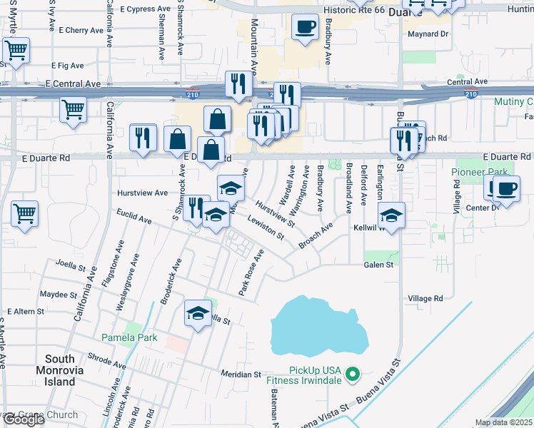 map of restaurants, bars, coffee shops, grocery stores, and more near 960 Hurstview Street in Duarte