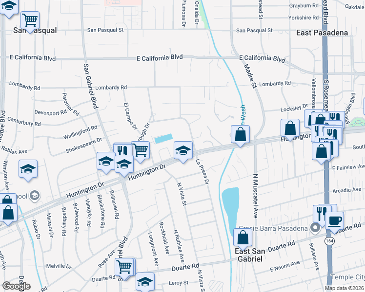 map of restaurants, bars, coffee shops, grocery stores, and more near 3239 La Vina Way in Pasadena