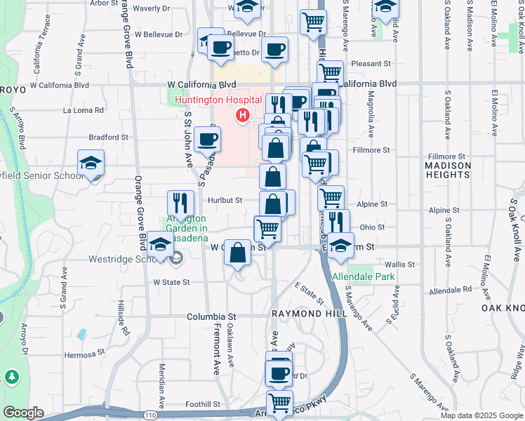 map of restaurants, bars, coffee shops, grocery stores, and more near 961 South Fair Oaks Avenue in Pasadena