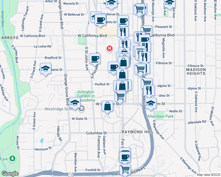 map of restaurants, bars, coffee shops, grocery stores, and more near 78 Hurlbut Street in Pasadena