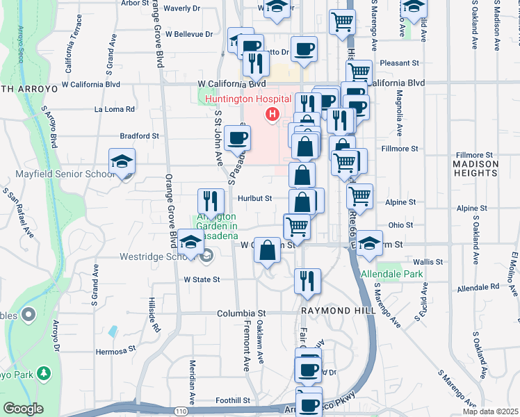 map of restaurants, bars, coffee shops, grocery stores, and more near 936 Jane Place in Pasadena