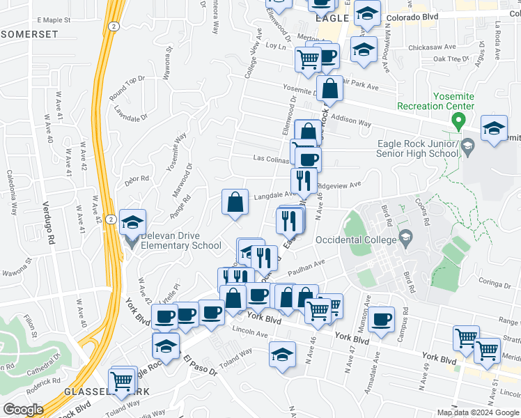 map of restaurants, bars, coffee shops, grocery stores, and more near 4609 Ellenwood Drive in Los Angeles