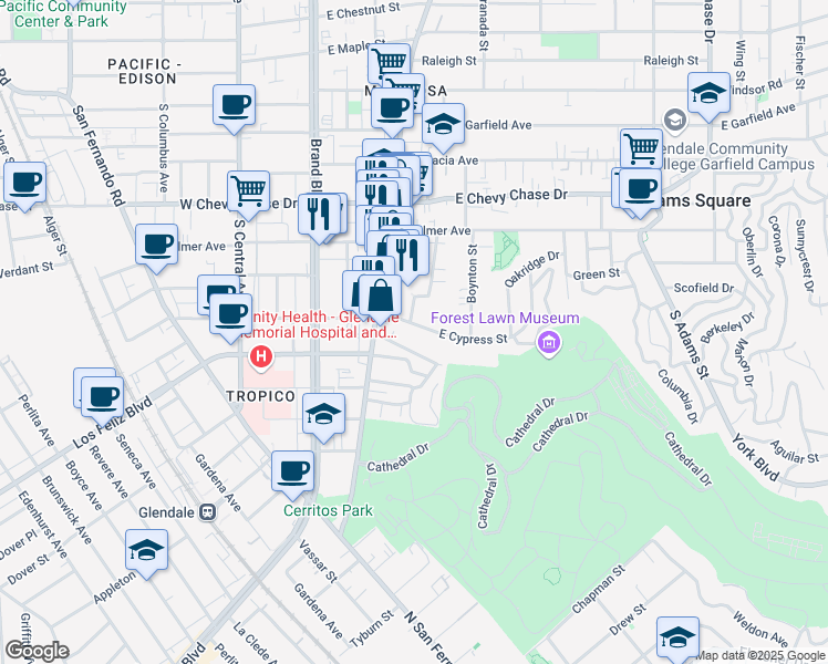 map of restaurants, bars, coffee shops, grocery stores, and more near 330 East Cypress Street in Glendale
