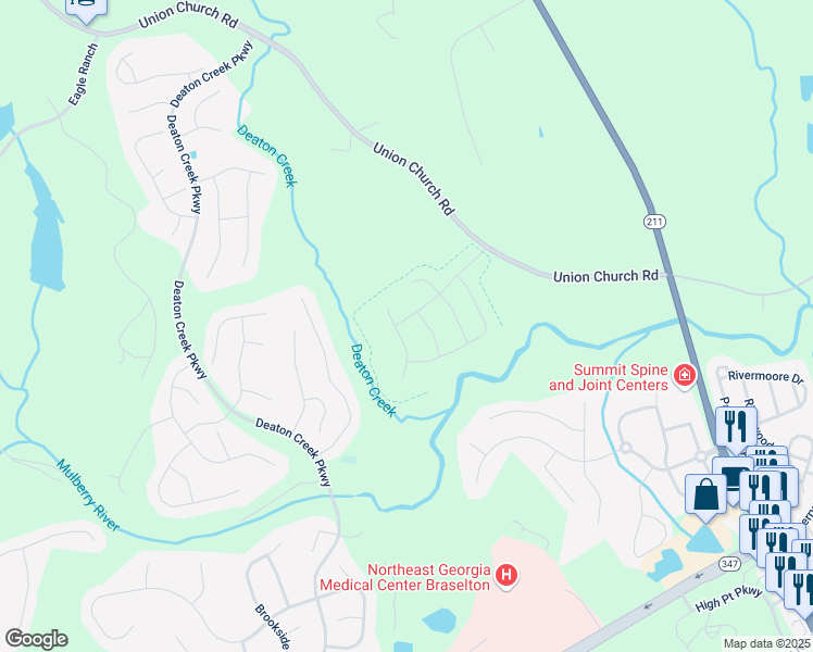 map of restaurants, bars, coffee shops, grocery stores, and more near 6039 Hickory Creek Court in Braselton
