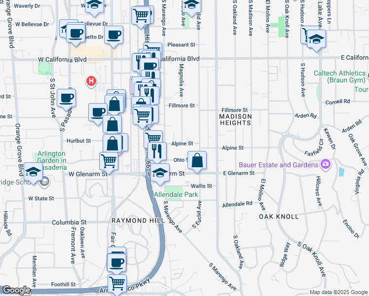 map of restaurants, bars, coffee shops, grocery stores, and more near 300 Alpine Street in Pasadena