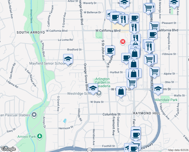 map of restaurants, bars, coffee shops, grocery stores, and more near 282 Wigmore Drive in Pasadena