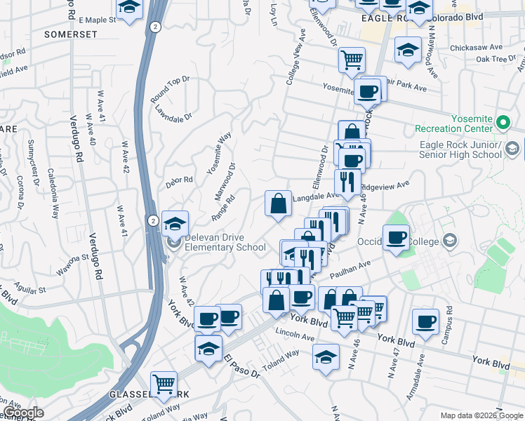 map of restaurants, bars, coffee shops, grocery stores, and more near 2560 Hyler Avenue in Los Angeles