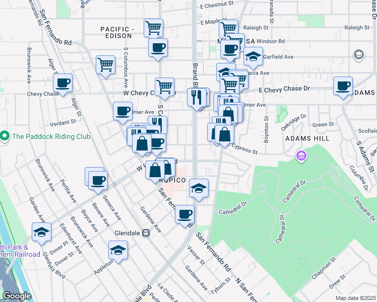 map of restaurants, bars, coffee shops, grocery stores, and more near 1313 S Brand Blvd in Glendale