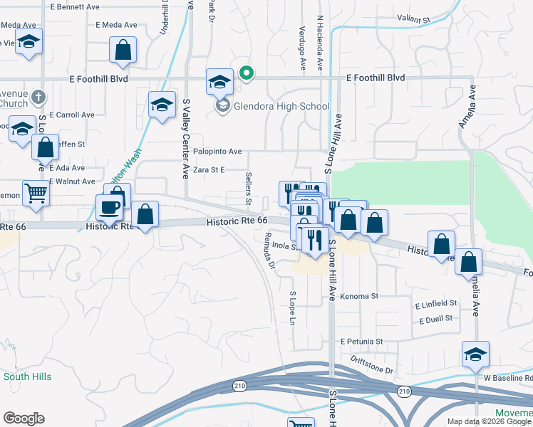 map of restaurants, bars, coffee shops, grocery stores, and more near 1749 East Route 66 in Glendora