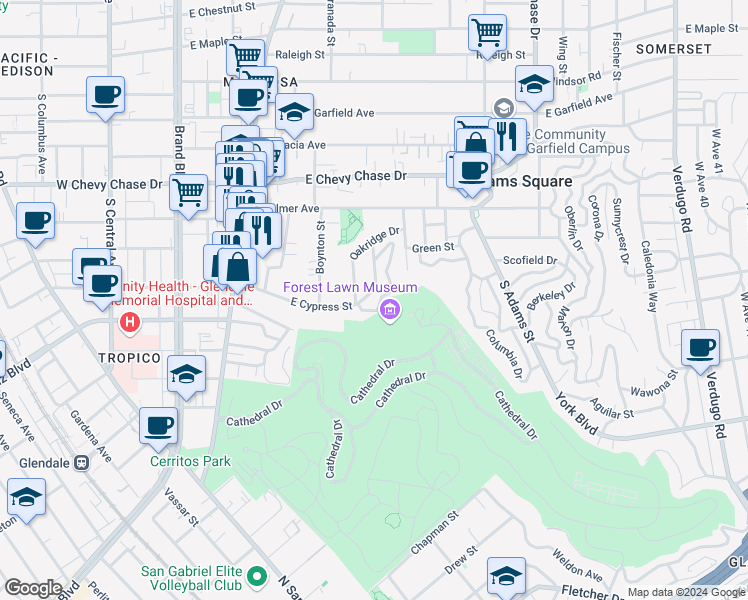 map of restaurants, bars, coffee shops, grocery stores, and more near 634 East Cypress Street in Glendale