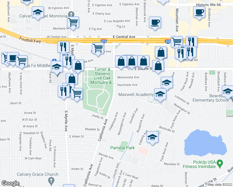 map of restaurants, bars, coffee shops, grocery stores, and more near 504 Euclid Avenue in Duarte