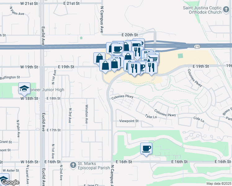 map of restaurants, bars, coffee shops, grocery stores, and more near 799 Highline Way in Upland
