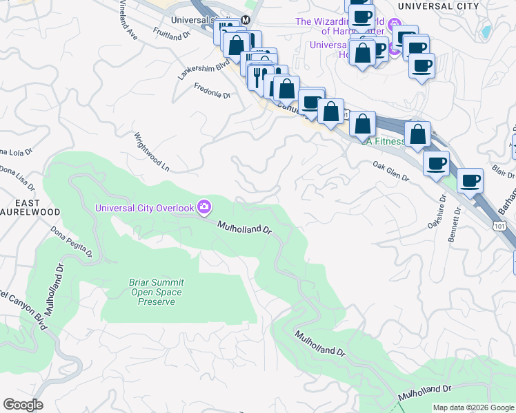 map of restaurants, bars, coffee shops, grocery stores, and more near 3528 Multiview Drive in Los Angeles