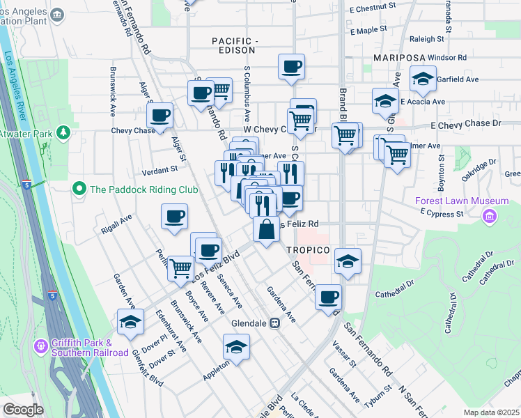 map of restaurants, bars, coffee shops, grocery stores, and more near 4100 San Fernando Road in Glendale
