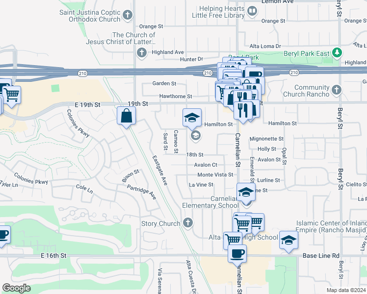 map of restaurants, bars, coffee shops, grocery stores, and more near 6870 Jasper Street in Rancho Cucamonga