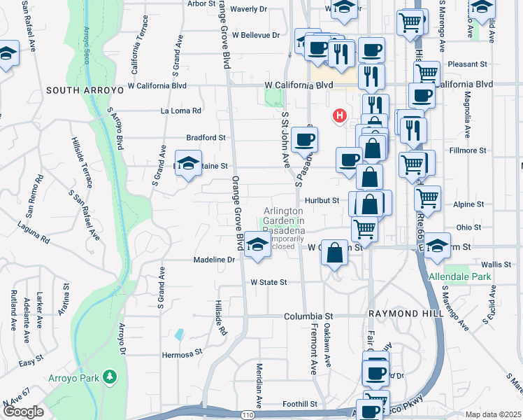 map of restaurants, bars, coffee shops, grocery stores, and more near 282 Wigmore Drive in Pasadena