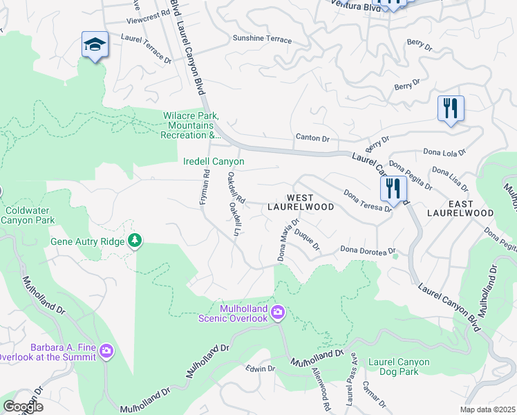 map of restaurants, bars, coffee shops, grocery stores, and more near 3243 Oakdell Road in Los Angeles