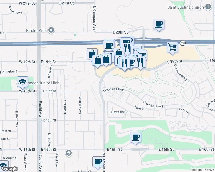 map of restaurants, bars, coffee shops, grocery stores, and more near 1814 North Campus Avenue in Upland