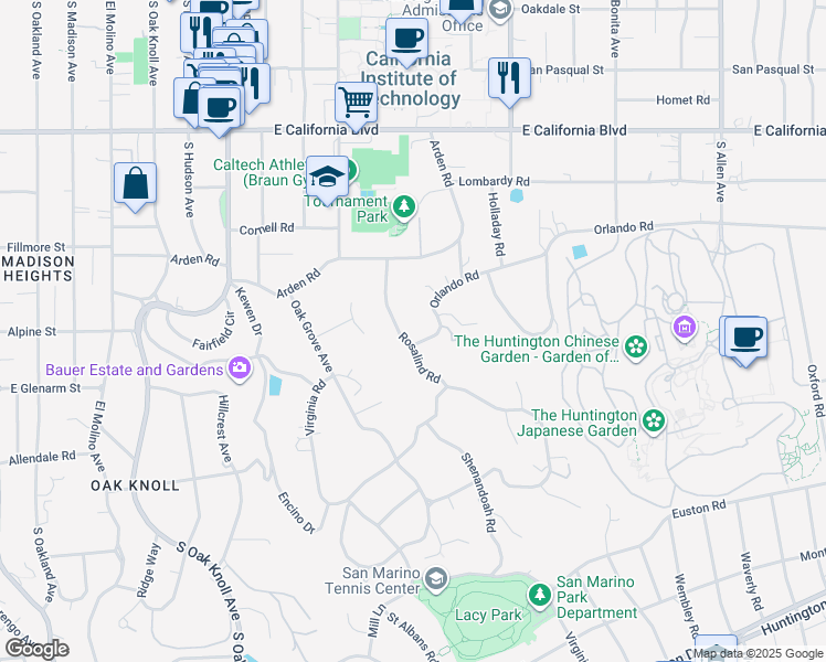 map of restaurants, bars, coffee shops, grocery stores, and more near 950 Rosalind Road in San Marino
