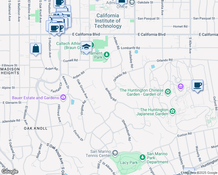 map of restaurants, bars, coffee shops, grocery stores, and more near 950 Rosalind Road in San Marino