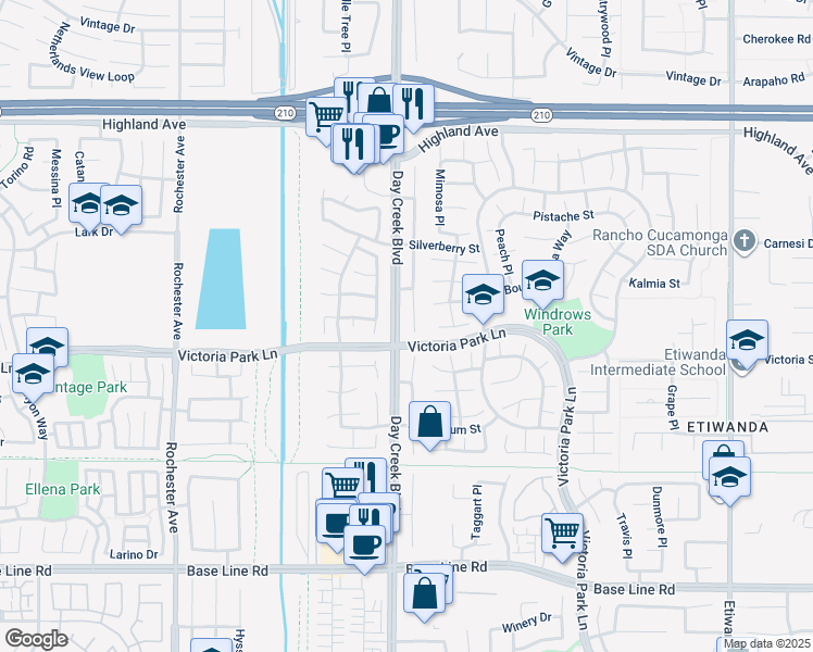 map of restaurants, bars, coffee shops, grocery stores, and more near 6858 Palo Verde Place in Rancho Cucamonga
