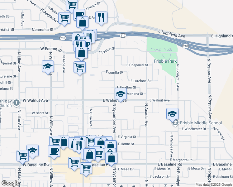 map of restaurants, bars, coffee shops, grocery stores, and more near 1647 North Sycamore Avenue in Rialto