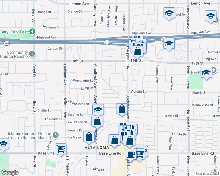 map of restaurants, bars, coffee shops, grocery stores, and more near 9625 Mignonette Street in Rancho Cucamonga