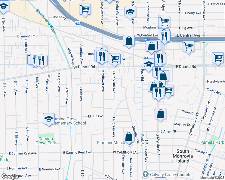 map of restaurants, bars, coffee shops, grocery stores, and more near 1007 South Alta Vista Avenue in Arcadia